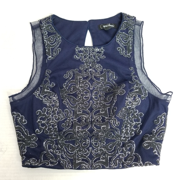 SPEECHLESS royal blue damask velvet crop top - Picture 1 of 8